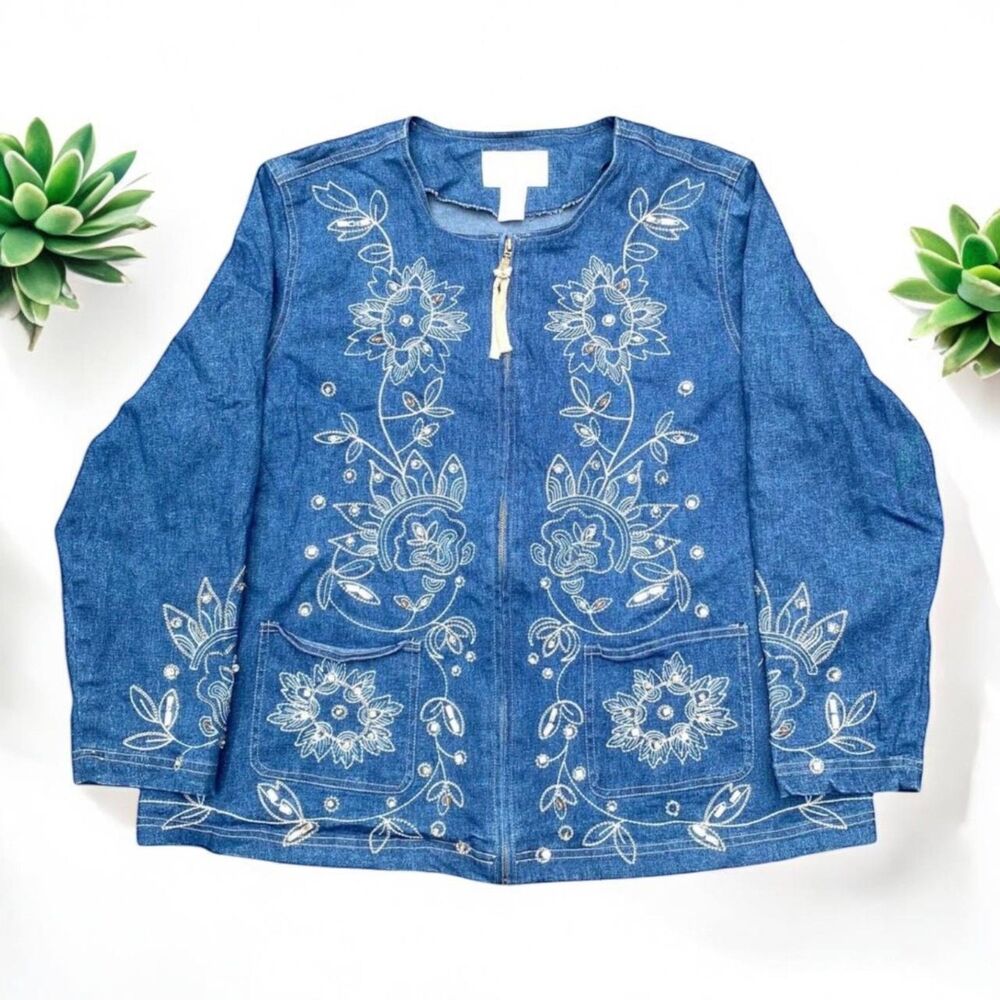 Vtg Susan Graver Style 1X zip floral embroidered embellished denim jacket blazer